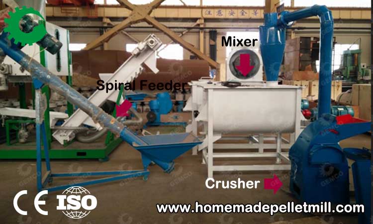 Crusher + Mixer + Spiral feeder + Animal feed pellet maker