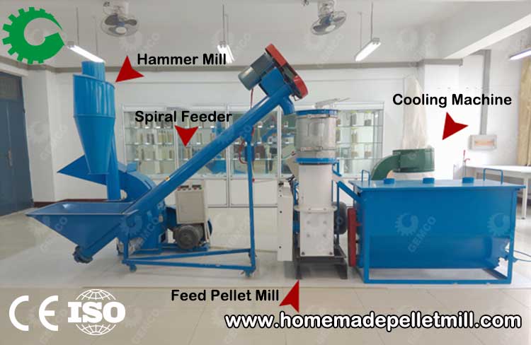 Hammer mill + Spiral feeder + Feed pellet mill + Cooling equipment